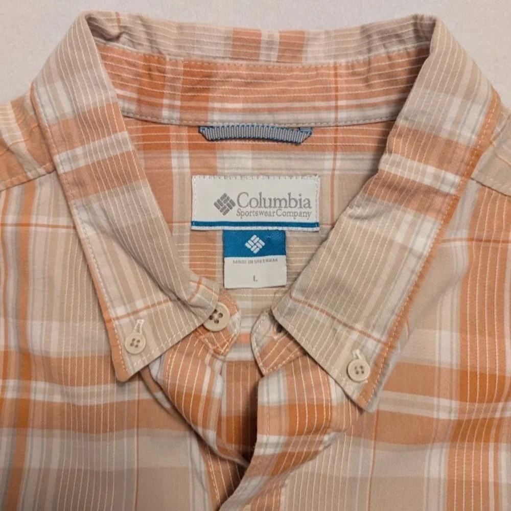 Columbia Button Down Shirt Mens Large Orange‎ Plaid Short Sleeve Cotton